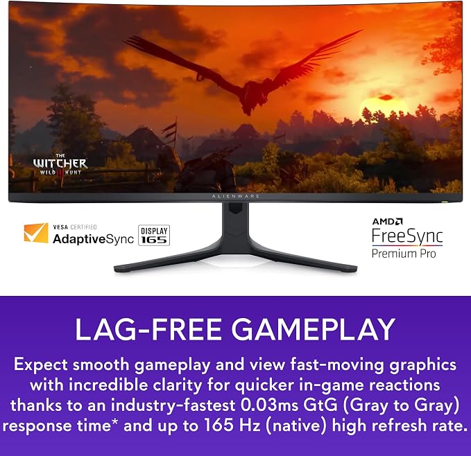 Alienware AW3423DWF Curved QD-OLED Gaming Monitor - 34-inch Quantum Dot, 0.1Ms 165Hz 21:9, 99.3% DCI-P3 Color Gamut, VESA DisplayHDR, 400, AMD FreeSync Premium Pro - Black - Image 4