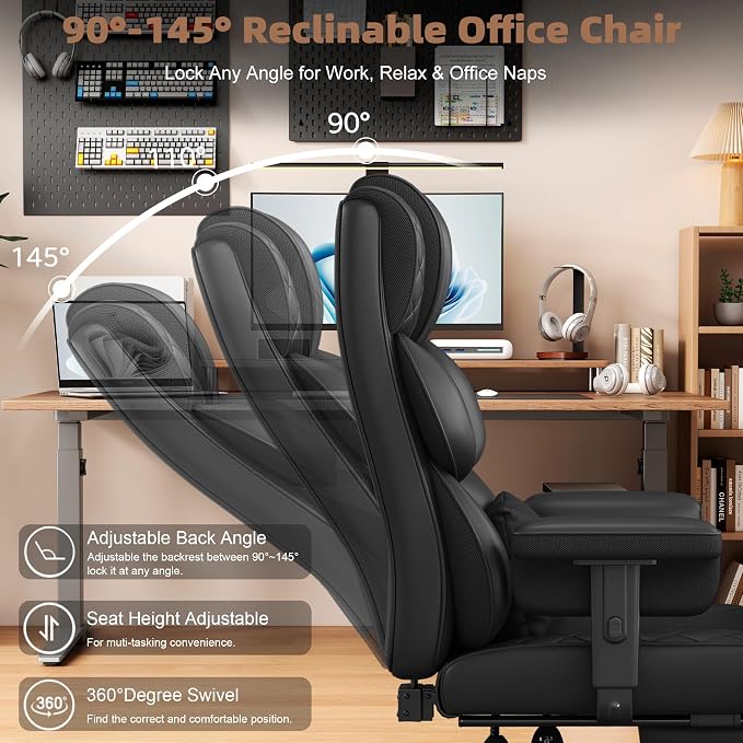 Vonesse Office Chair, Desk Chair with Soft Adjustable Armrests, Ergonomic High Back Gaming Chair with Lumbar Support, Executive Computer Chairs with Footrest (PU Leather, Black) - Image 8