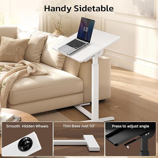 Mobile Standing Desk Adjustable Overbed Table, Pneumatic Height Adjustable Rolling Laptop Desk with Hidden Wheels, 0-180°Tilt Top Rolling Computer Cart Foldable for Home Office, Craft & Study, White - Image 6