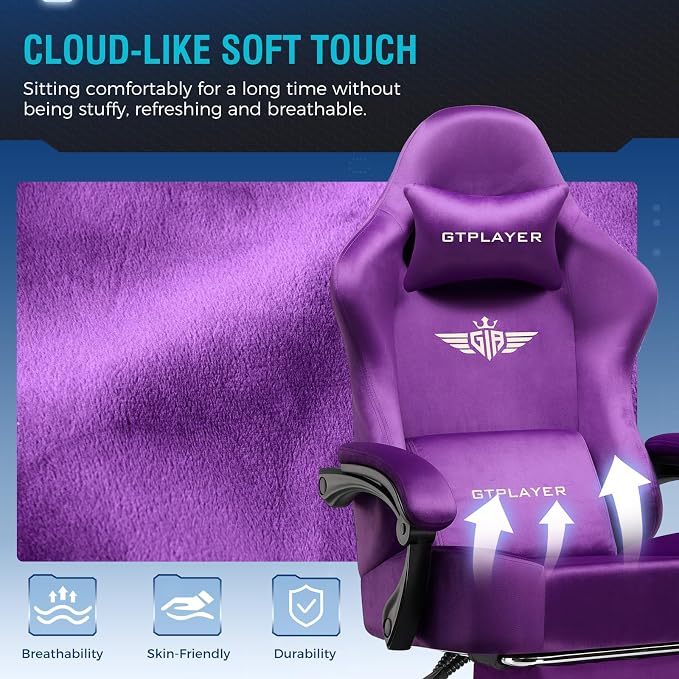 GTPLAYER Gaming Chair Fabric with Pocket Spring Cushion, High Back Ergonomic Computer Chair with Footrest for Adults Lumbar Support Swivel Game Chair for Office Gaming 350LBS, Dark Purple - Image 4