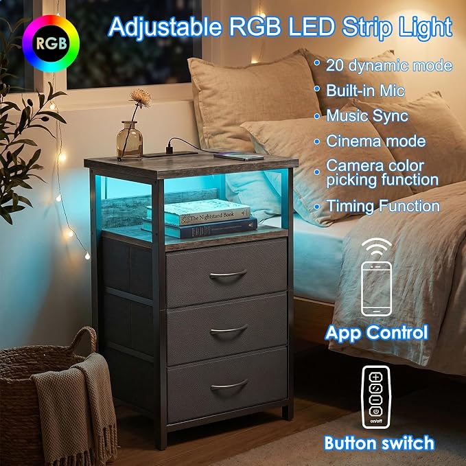 Fixwal Night Stand with 3 Fabric Drawers, Nightstand with Charging Station - Image 4