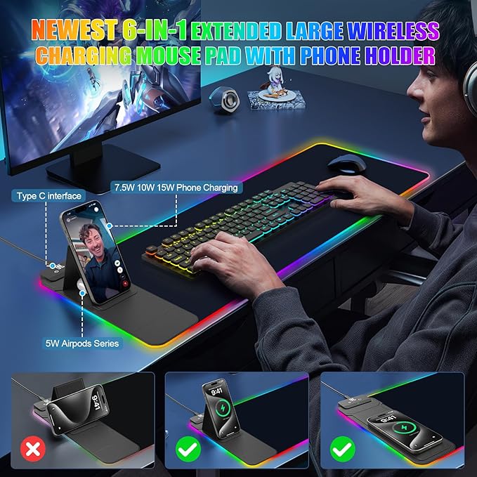 Mouse Pad with Foldable Phone Holder & Wireless Charger, XL RGB Gaming Mousepad 31.5"x11.8" Large Desk Mat for Keyboard, Home Desk Pad with Dual Qi Charging Station | 11 Colors & 5 Modes | Waterproof - Image 2