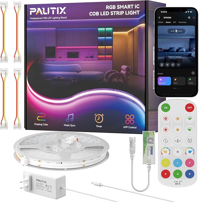 PAUTIX COB LED Strip Lights Pro, UL-Listed RGB Smart IC Chasing Color Addressable COB LED Tape Light, Music Sync Flexible RGB LED Lights, Smart Strip Light, for Party, Bedroom, Color Changing, 20ft by PAUTIX