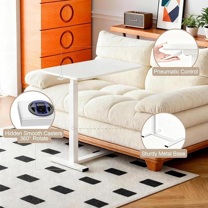 Large Pneumatic Hospital Bed Table,Hidden Wheels Adjustable Height C-Shaped End Table,Overbed Bedside Table with Wheels, Side Table for Sofa & Bedside(15.8''Wx31.5'D'x37.1''H,White) - Image 5