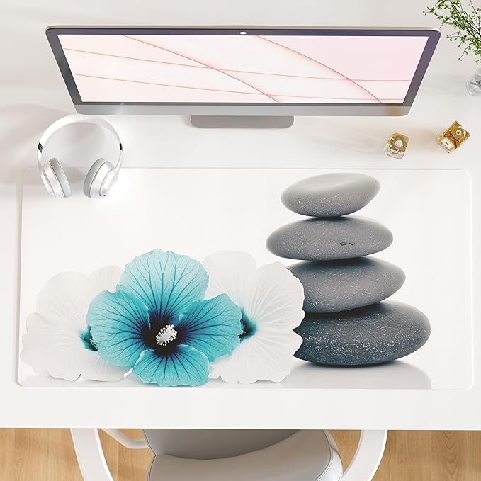 QiyI PU Leather Large Mouse Pad, 31.5" x 15.7", Pebbles Flowers | Desk Décor Accessories, Extended Size, Waterproof & Easy to Clean, Smooth Surface, Non Slip Desk Organization by QIYI