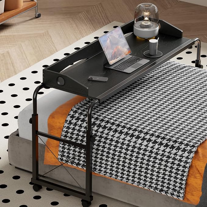 Overbed Table with Wheels, Adjustable Queen & King Bed Desk, Black by DAPOTUGI