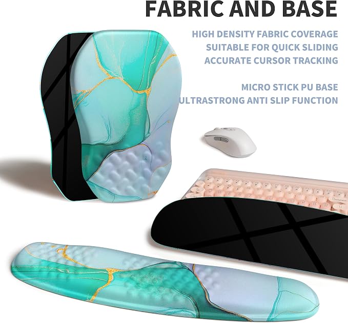 2-in-1 Ergonomic Set, Wave Keyboard Wrist Rest and Massage Slope Mouse Pad Wrist Support, Rebound Memory Foam for Relieve Carpal Tunnel Syndrome and Wrist Pain (Green Gold Marble) - Image 6