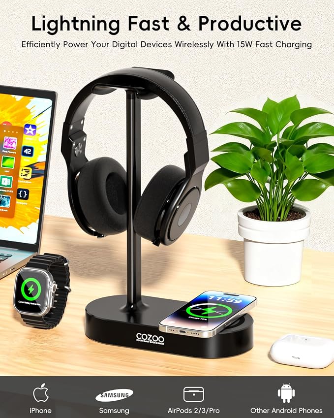 COZOO Headphone Stand with Fast Wireless Charging Pad and 2 USB Charging Ports, Suitable for Gaming, DJ, Wireless Earphone Accessories - Image 3