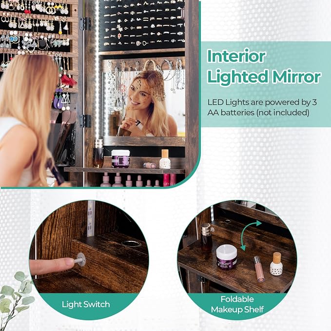 LDAILY 47” LED Jewelry Armoire, Door/Wall Mounted Mirror with Storage, 4 Shelves & Drawers, Full Length Mirror & Flip-up Makeup Tray, Lockable Jewelry Organizer Cabinet for Women & Girls(Rustic Brown) - Image 3