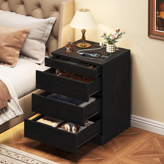 Nightstand with Hidden Lock Gun Drawer, 4 Drawers Night Stand with Charging Station, Modern Night Stand for Bedroom, Office, Black - Image 3