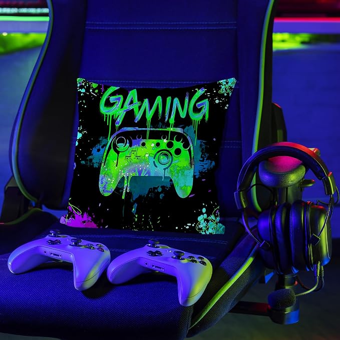 Gaming Pillow Cover,Gamer Pillow Cover 18x18,neon Colors Green Gaming Pillow Cover, Graffiti Pillow Covers, Gifts for The Gamer Kid,Son boy Room Decorations for Bedroom(Green) - Image 2