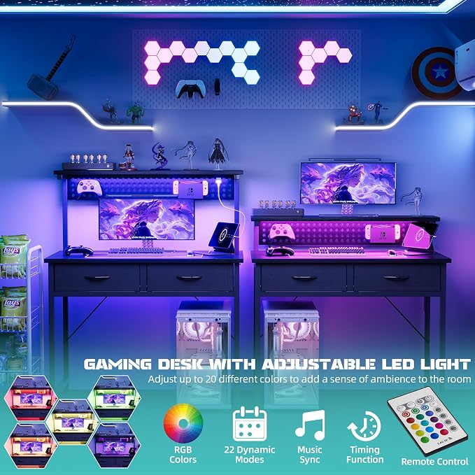 MUTUN Small Desk with Drawers, 31 Inch Computer Desk with Power Outlet & LED Light, Gaming Desk with Adjustable Monitor Stand & Pegboard, Modern PC Study Writing Table for Bedroom, Black - Image 5
