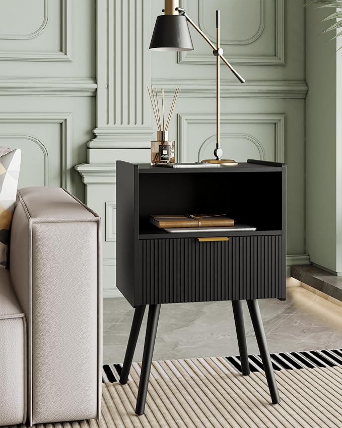 Veegle Nightstand,Modern Bedside Table with Storage Drawer and Open Wood Shelf, Accent Night Stand with Solid Wood Legs for Living Room, Bedroom and Small Spaces,Easy Assembly (Black) - Image 5