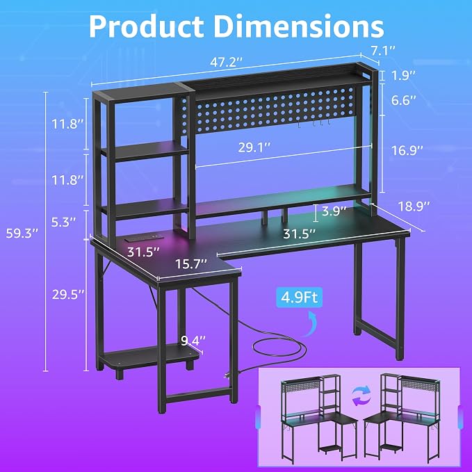 L Shaped Desk with Hutch - 48 inch Corner Computer Gaming Desks with Storage Shelves Reversible Pegboard Led Lights Power Outlets PC Monitor Stand for Bedroom, Black - Image 3
