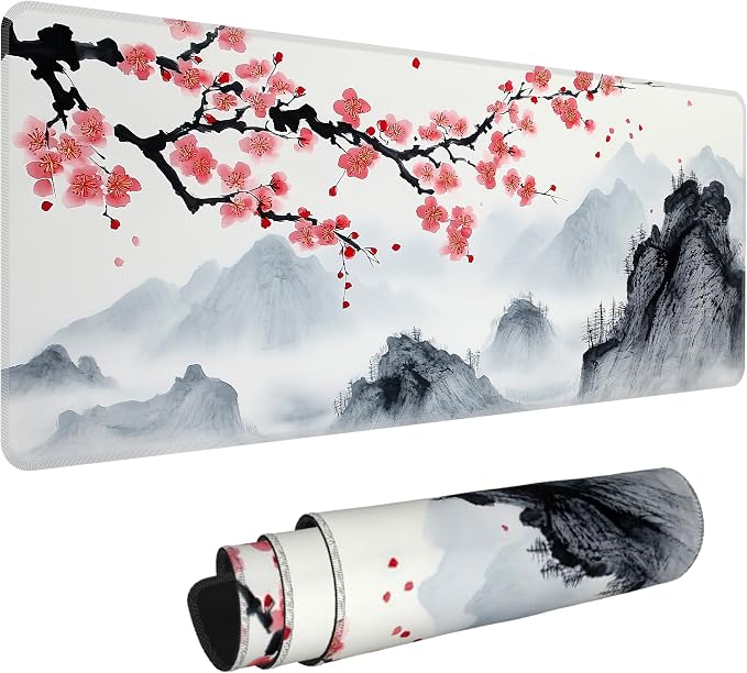 Japanese Watercolor Cherry Blossoms Desk Mat, XL 31.5"x11.8" Large Mouse Pad, Sakura Extended Gaming Mouse Mat,Non-Slip Rubber Base Waterproof with Stitched Edges for Gaming Office Home Decor by Unknown