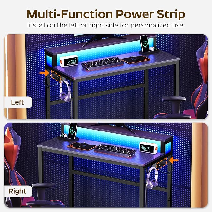 YATINEY Small Computer Desk with Charging Station and LED Lights, Gaming Desk with Monitor Stand, 2-Tier Home Office Desk with 4 Side Hooks, for Living Room, Home Office, Black DN01UDBBY2 - Image 7