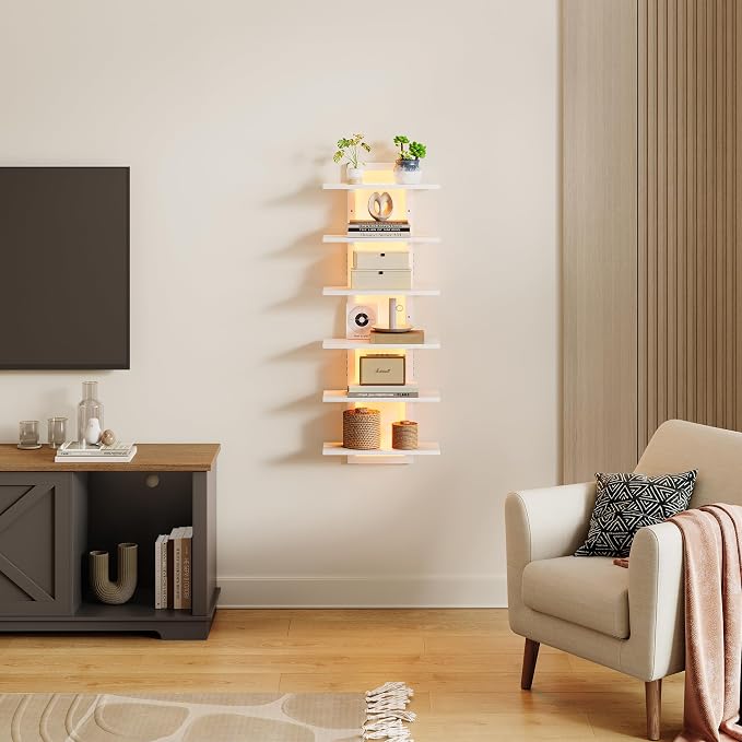 LED Wall Mounted Display Shelf with RGB Lights, 6-Tier Vertical Wall Shelf for Gaming Room, Bedroom and Living Room, Floating Shelves for Collectibles and Decor, 15"W x 5.5"D x 43.3"H, White - Image 2