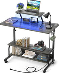 Height Adjustable Standing Desk with Power Outlets and LED Lights - 32" Manual Stand Up Desk with Monitor Stand and Storage Shelves Small Mobile Rolling Computer Desk Portable Laptop Table, Grey Oak by Besiost