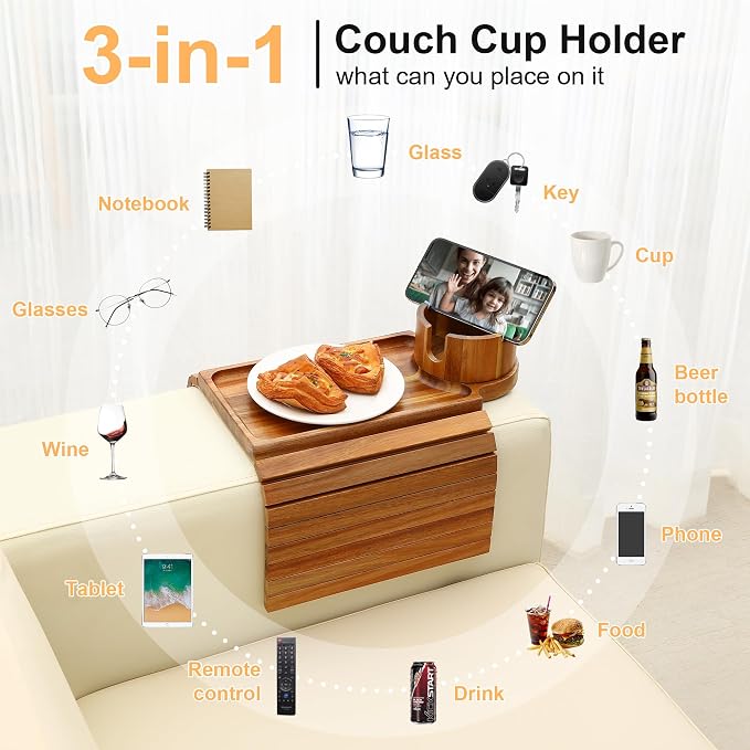 Couch Cup Holder Tray,Acacia Wood Couch Arm Table with Phone Holder, Large Foldable Sofa Arm Tray for Drink Snacks Table - Image 9