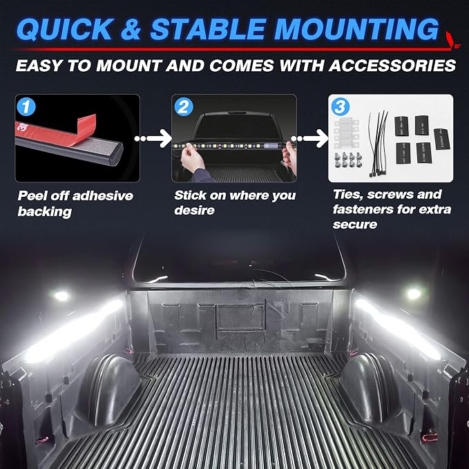 MICTUNING 2Pcs 60 Inch White LED Cargo Truck Bed Light Strip Lamp Waterproof Lighting Kit with On-Off Switch Fuse 2-Way Splitter Cable Compatible with Pickup RV SUV and More - Image 3