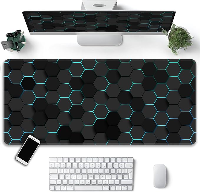 Blue Hexagon Honeycomb Desk Mat, XXL 35.4"x15.7" Large Mouse Pad, Geometric Extended Gaming Mouse Mat,Non-Slip Rubber Base Waterproof with Stitched Edges for Gaming Office Home Decor - Image 2