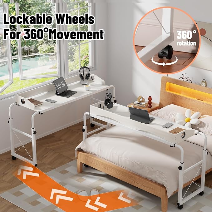 Overbed Table with Wheels, Adjustable Queen & King Bed Desk, White - Image 4