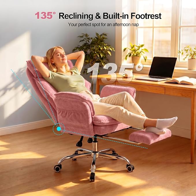 Office Chair with Flip Armrests & Foot Rest,Criss Cross Legged Home Office Desk Chair with Pet Seat,Ergonomic Reclining Computer Gaming Chair,High Back Executive Chair with Lumbar Pillow (Pink) - Image 4