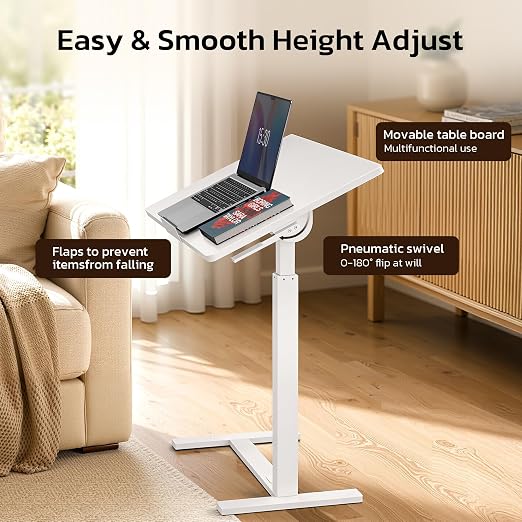 Mobile Standing Desk Adjustable Overbed Table, Pneumatic Height Adjustable Rolling Laptop Desk with Hidden Wheels, 0-180°Tilt Top Rolling Computer Cart Foldable for Home Office, Craft & Study, White - Image 4
