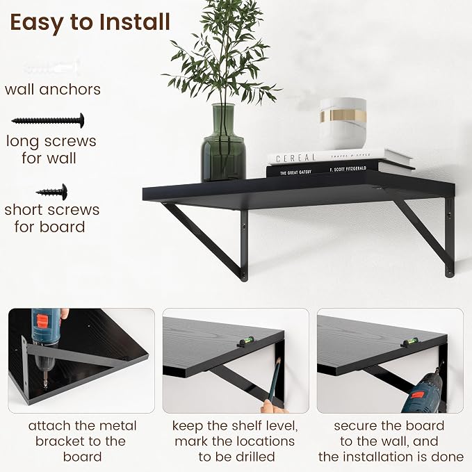 Axeman Deep Floating Shelves - 20 Inch Black Floating Shelves Set of 2-12 Inch Deep Wood Wall Shelves for Living Room Bathroom Kitchen - Image 6