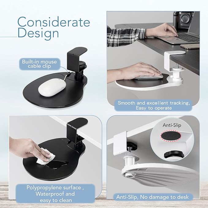 EHO Clamp on Mouse Platform, Clip on Pad Rotating 360 Degree, Ergonomic Mouse Tray Attachment, Mouse Pad, Slide Out Tray, Suitable for 1.5" Thickness Desk, for Home Office Desk Organizer (Platinum) - Image 4