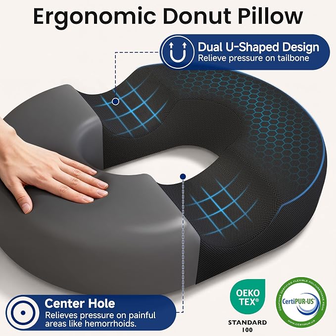 CloudBliss Donut Pillow Stadium Seat Cushion for Tailbone Pain Relief and Hemorrhoids, Memory Foam Seat Chair Cushion, Portable Seat Cushions for Bleachers, Car, Home & Office - Image 3
