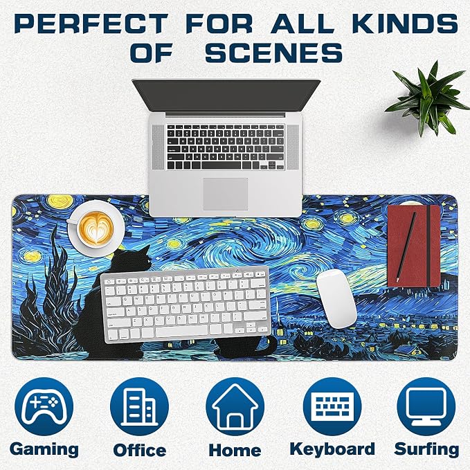 Mouse Pad Gaming - Desk Mat for Keyboard and Mouse - Van Gogh Starry Night Large Mouse Pads for Desk, Gaming Mousepad with Non-Slip Base, Desks Pad (31.5" X 11.8") for Game, Office and Home - Image 6