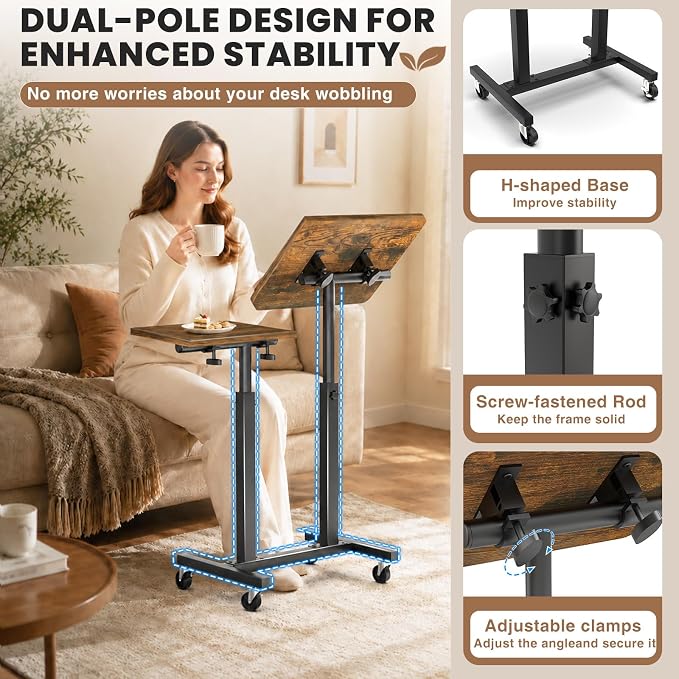 Elowen Rolling Laptop Desk with Wheels, Double-Pole Portable Overbed Table - Image 3