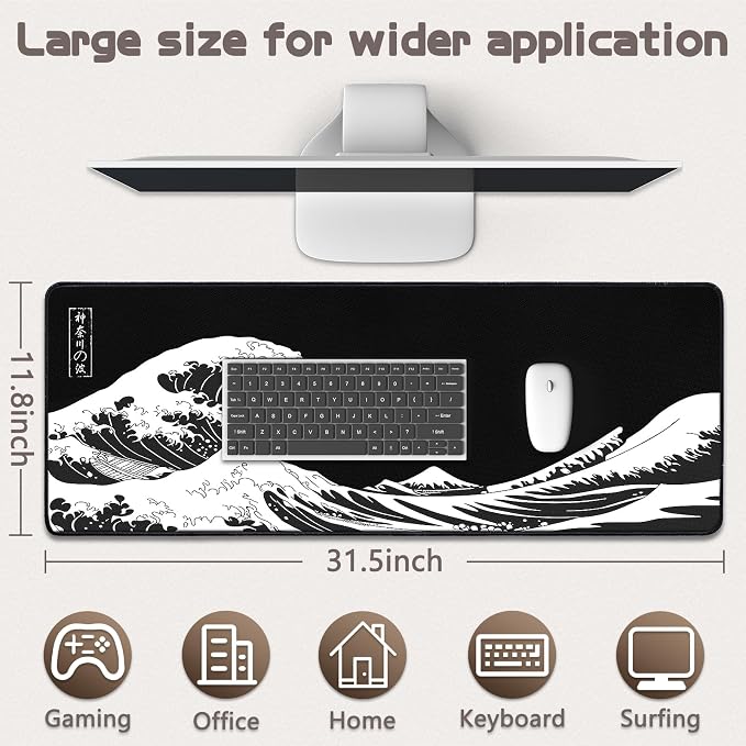 Mouse Pad Gaming - Desk Mat for Keyboard and Mouse - Kanagawa Large Mouse Pad for Desk, Japanese Sea Wave Mousepad (31.5 x 11.8inch) with Non-Slip Base, Desks Pad Mat for Game, Office and Home - Image 5