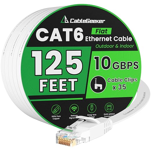 CableGeeker Cat 6 Flat Ethernet Cable 125ft, 10Gbps, White by CableGeeker