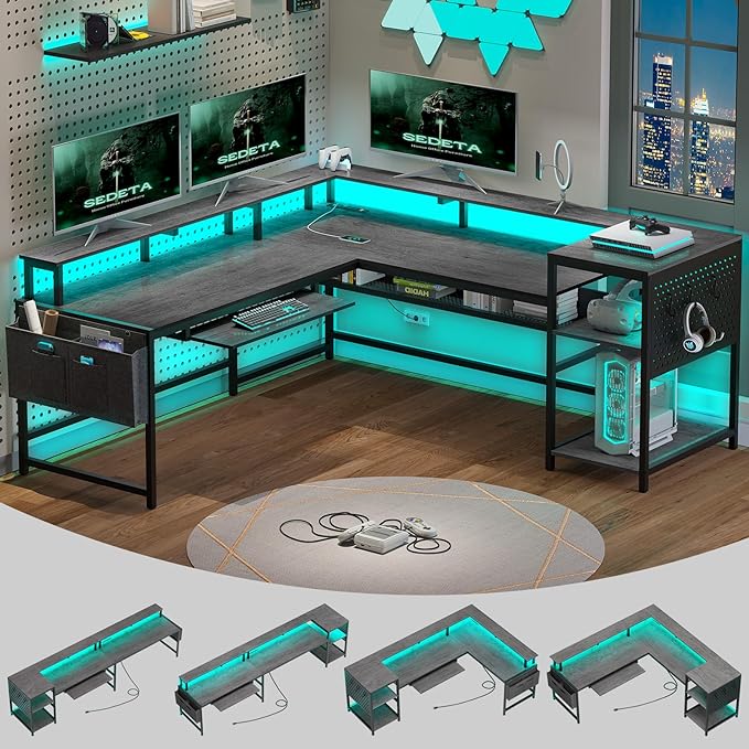 SEDETA L Shaped Gaming Desk, Convertible 96" Home Office Desk or Corner Desk, L Shaped Table with Power Outlets & LED Strip, Monitor Stand, Keyboard Tray, Pegboard and Storage Shelves, Grey by SEDETA
