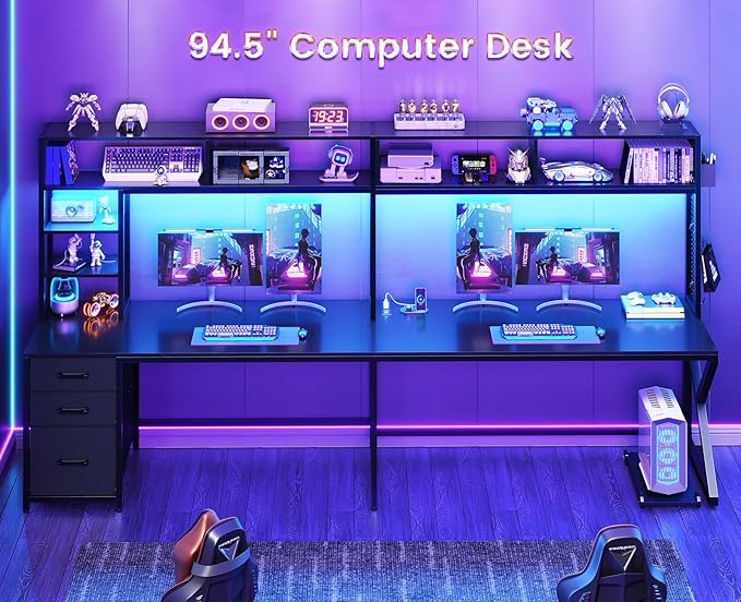 SEDETA L Shaped Gaming Desk with Storage Shelves, Hutch, Drawers | Convertible 94.5" Computer Desk with Power Outlet, LED Lights, Pegboard, Corner Gaming Table for Home Office, Black - Image 3