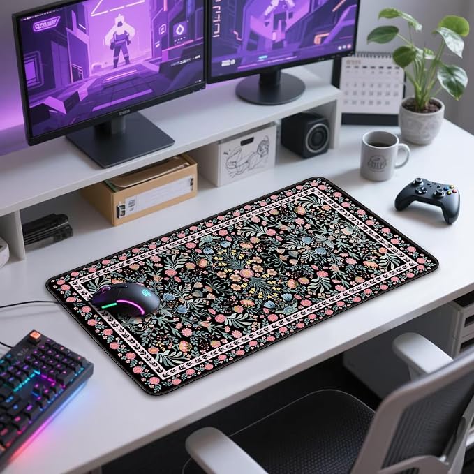 Black Floral Desk Mat Large Mouse Pad 31.5"x15.7" Non-Slip | Extended Mousepad, Non-Slip Rubber Base , Stitched Edges, for Computer/Laptop/Office/Home - Image 10