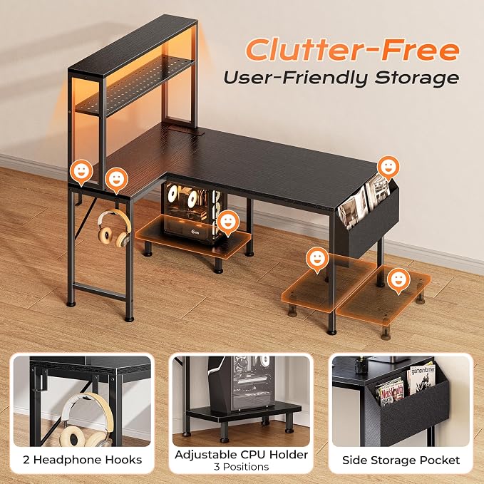 PRAISUN L Shaped Gaming Desk with LED Lights & Power Outlets | Reversible Computer Desk with Storage Shelves & Bag, Small Corner Home Office Desk with Pegboard for Work from Home, Black - Image 9