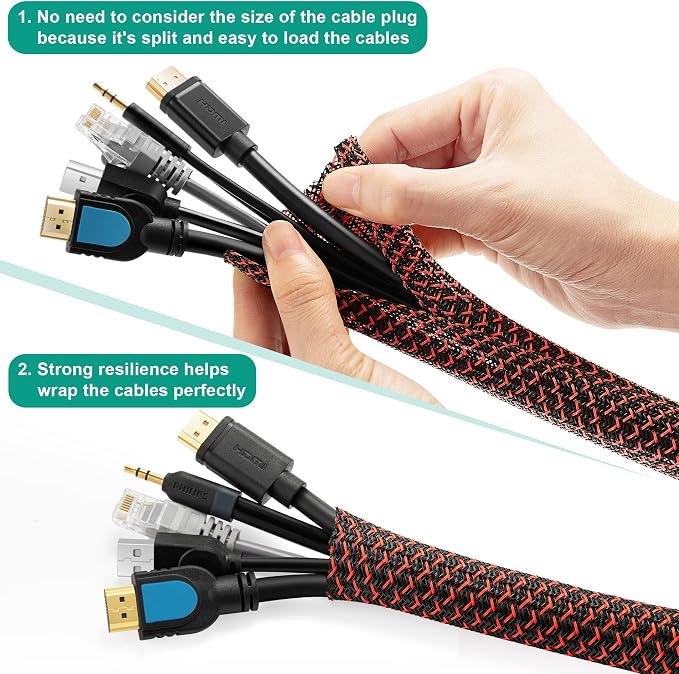 ZhiYo Cable Sleeve, 6.6ft - 4/5 inch, Black - Red - Image 3