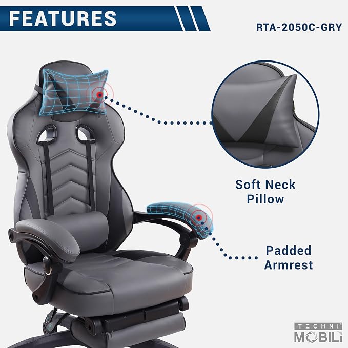 Techni Mobili Executive Gaming Chair with Footrest, 150° Reclining, Grey | PU leather chair, 150 degree recline, footrest, lumbar support, headrest pillow, executive office gaming chair, ergonomic - Image 7