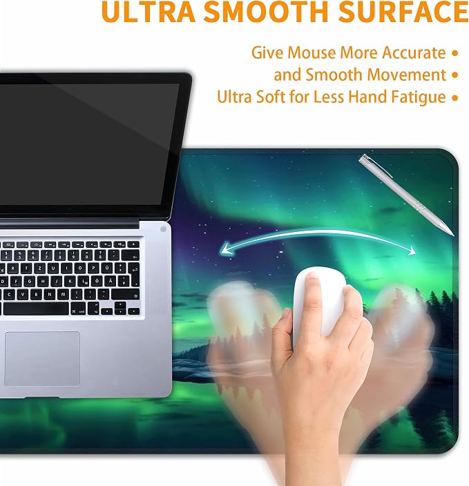 Green Aurora Desk Mat, XL 31.5"x11.8" Large Mouse Pad, Aesthetic Extended Gaming Mouse Mat,Non-Slip Rubber Base Waterproof with Stitched Edges for Gaming Office Home Decor - Image 5