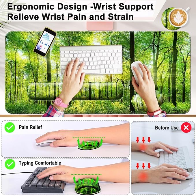 4 in 1 Mouse Pad and Keyboard Wrist Rest,Large Desk Mat,Coaster Set-Forest - Image 2