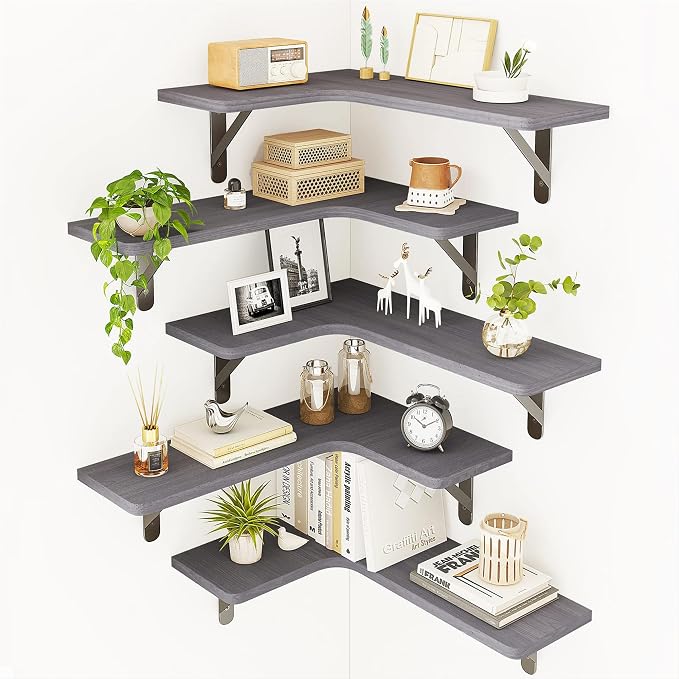 Fixwal Corner Floating Shelves Set of 5, Rustic Wood Wall Mounted Corner Shelf for Bathroom, Kitchen, Bedroom, Home Decor, Laundry Room, Living Room(Gray) by Fixwal