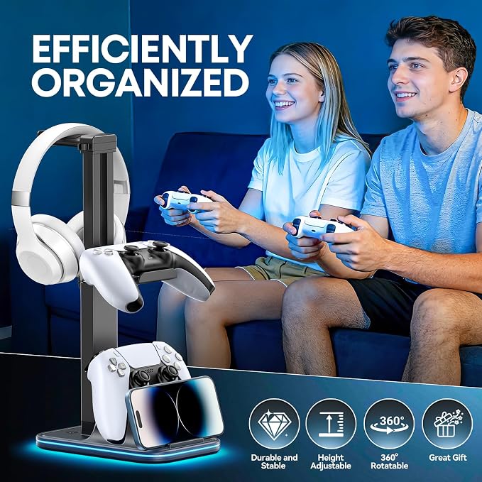 Gaming Headset & Controller Stand, Rotating Headphone Storage with 2 Controllers and Phone Holder, 9‑Color RGB Game Desk Storage for PS5/PS4/XBOX, PC Gamer Essentials Organizer Gift Accessories - Image 7