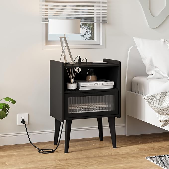 MMEOLUOOK Nightstand with Charging Station, Bedside Tables, End Table Side Table with 2 Tiers Storage Space, for Bedroom, Living Room, Black CAMLBZ07BE - Image 2