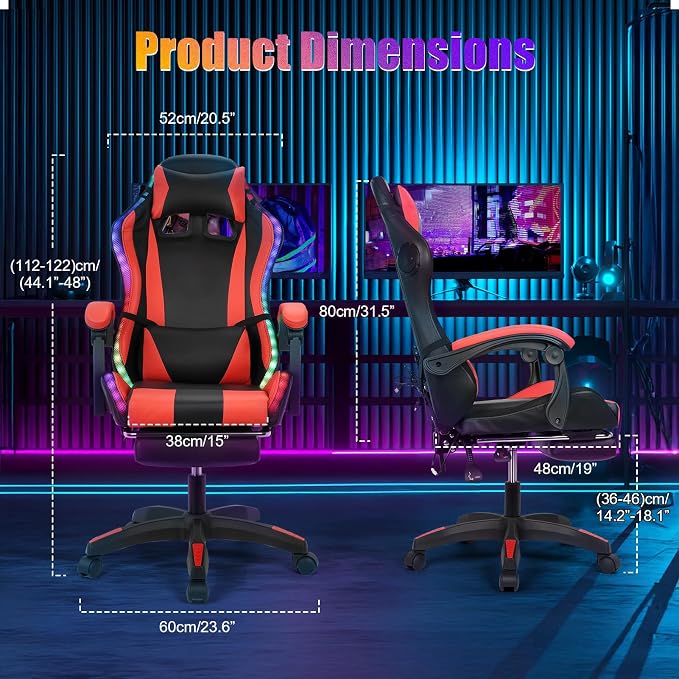 Gaming Chair with Bluetooth Speakers & Lights,Ergonomic High-Back Office Chair with Headrest & 135° Recline, 360° Swivel Height Adjustable Faux Leather Computer Chair for Gaming, Office & Study - Image 2