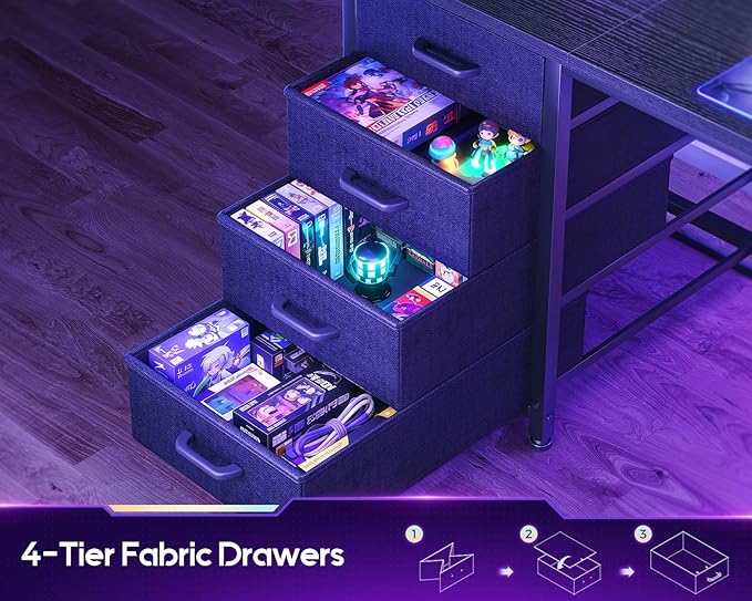 AODK 59" L Shaped Gaming Desk with Hutch, 4 Drawers, LED Lights, Black | Power Outlets, USB Ports, Grid Pegboard, Hutch Shelves, Reversible Layout for Bedrooms, Dorms, Study Rooms and Gaming Areas - Image 4