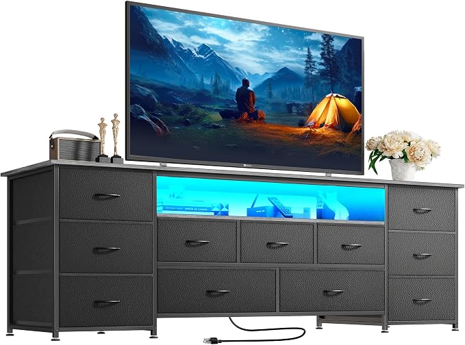 Huuger 63 Inch TV Stand for 65, 70 Inch TV, 11 Drawer Long Dresser with Power Outlets and LED Lights, Entertainment Center with Storage, Grey Dresser with PU Leather Surface by Huuger