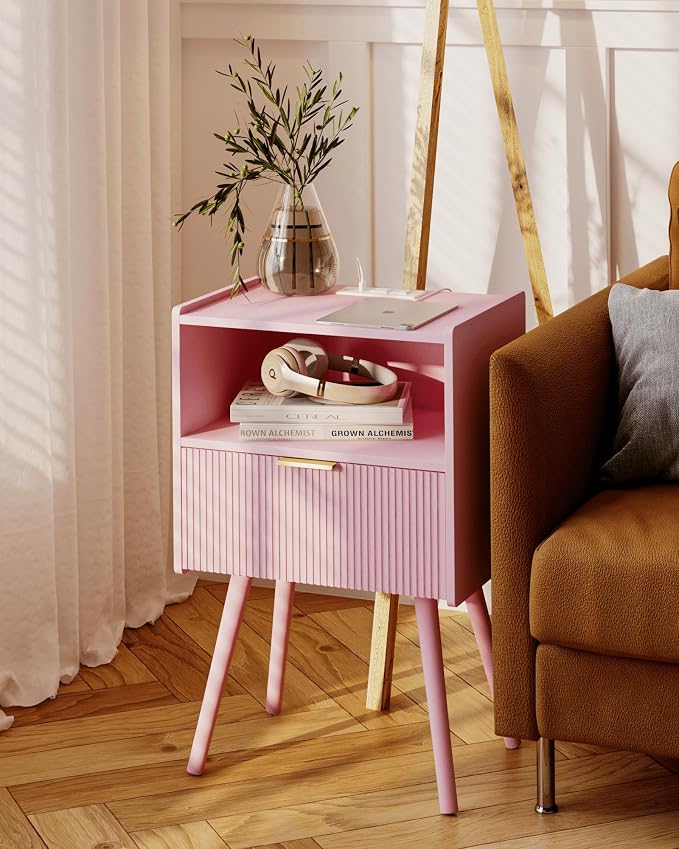 JOONEE Nightstand with Oultlet,Modern Bedside Table with Storage Drawer and Open Wood Shelf, for Living Room, Bedroom and Small Spaces, Accent Night Stand with Solid Wood Legs, Easy Assembly,Pink - Image 6